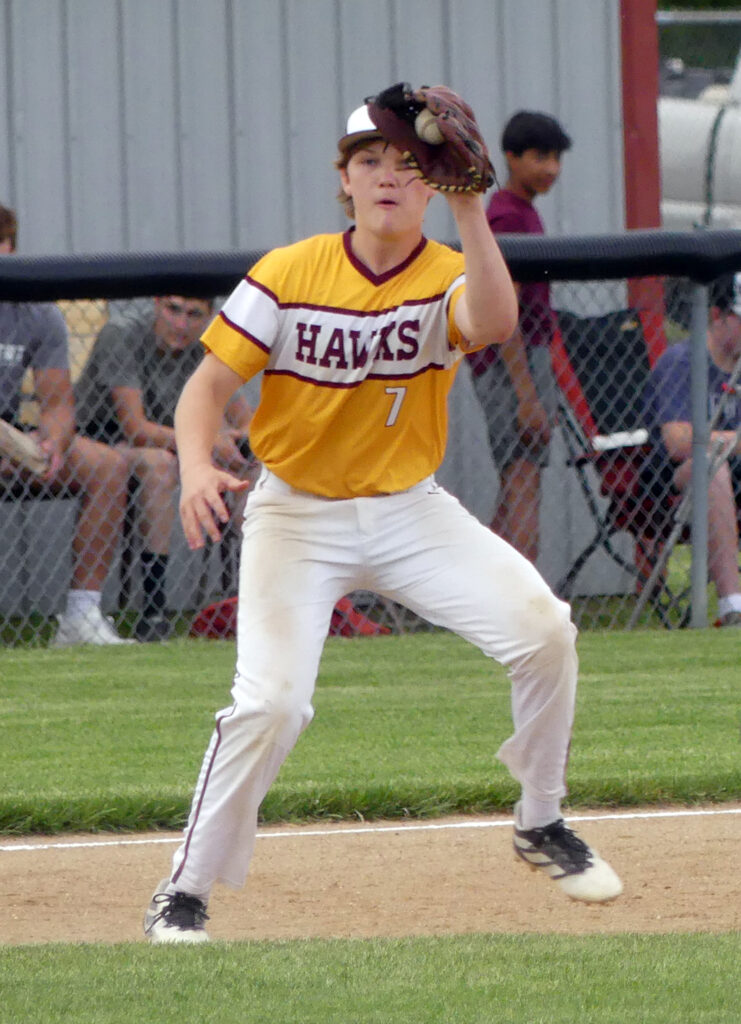 Third baseman Tanner Tesch plays the high hop prior to forcing a West Bend-Mallard baserunner back to second where the out was recorded.