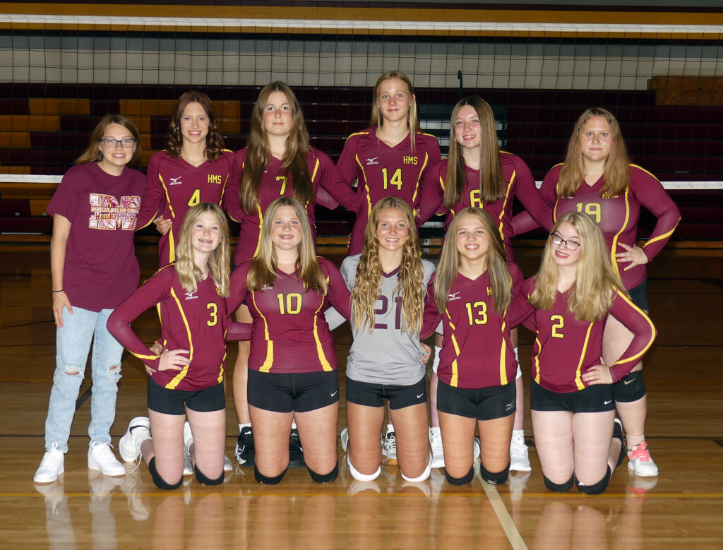 HMS C TEAM VOLLEYBALL: from left, front, Kaylee Newkirk, Hannah Tessum, Lindsey Van Es, Payton Diehm, Kelly Buhrmann; back, manager Evelyn Steffen, Jordan Lux, Lillian Van Loon, Moriah Otto, Natalie Daggett, Cheyenne Kruger.