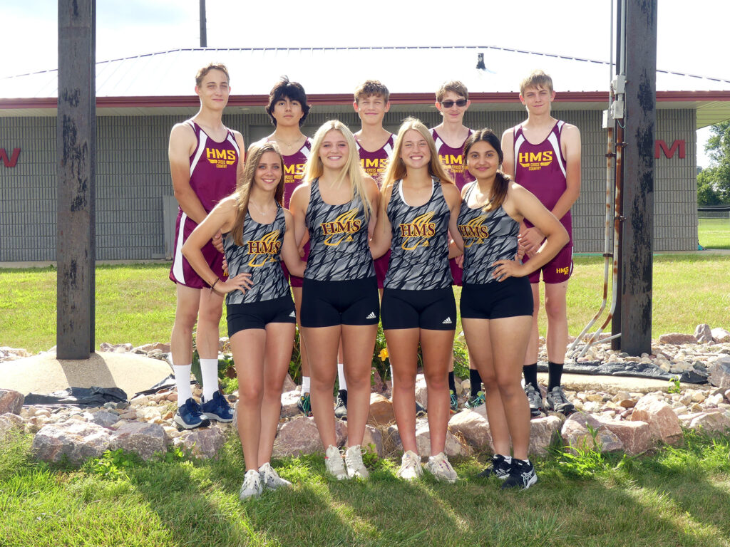 HMS CROSS COUNTRY: from left, front, Lexi Croatt, Kamryn Ebel, Gracie Knobloch, Juliana Pasillas; back, Bryce Dodge, George Vargas, Aiden Bush, Ryan Grotluschen, Damian Dodge. Not pictured: Blaine Finster, Clara Funk.