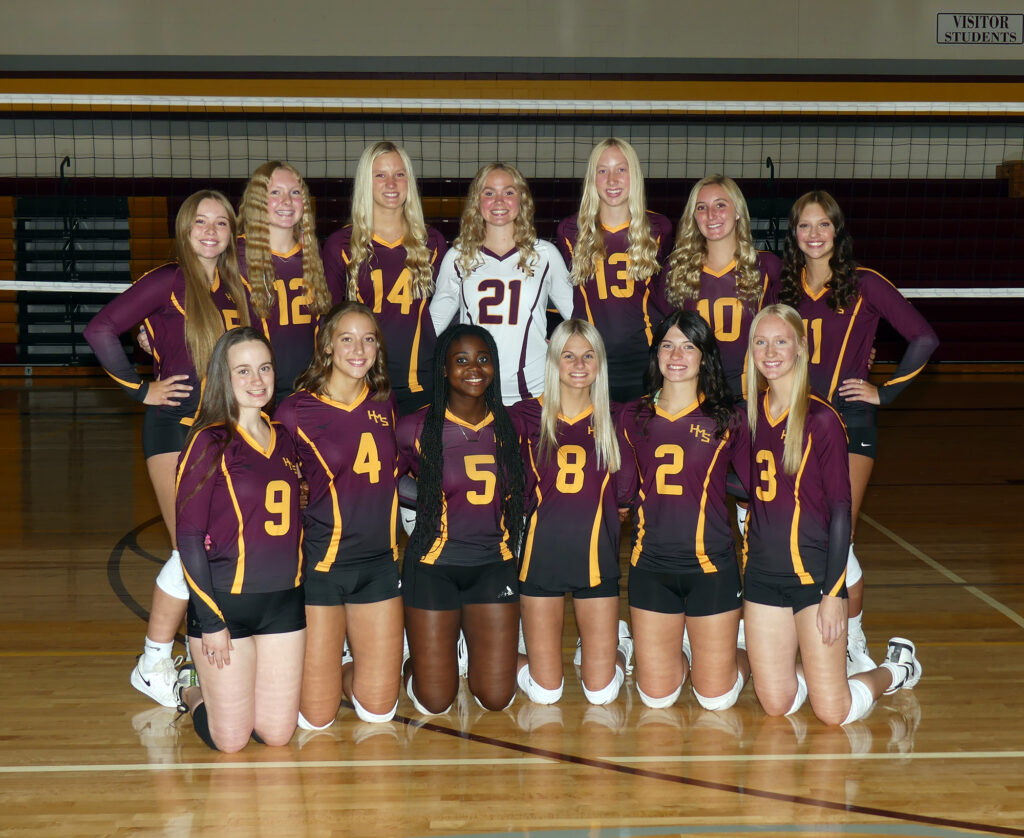 HMS VARSITY VOLLEYBALL: from left, front, Kayla Kathman, Abby Kunzman, Emily Mutombo, Madison Ten Kley, Morgan Grooters, Elise Haack; back, Frankie Mohni, Eliza Tewes, Kylee Schiphoff, Abigail Otto, Abby Douma, Heather Elgersma, Kinsey Schirmer.